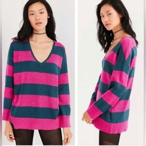 BDG Pink & Blue Striped V-Neck Sweater (XS/S)